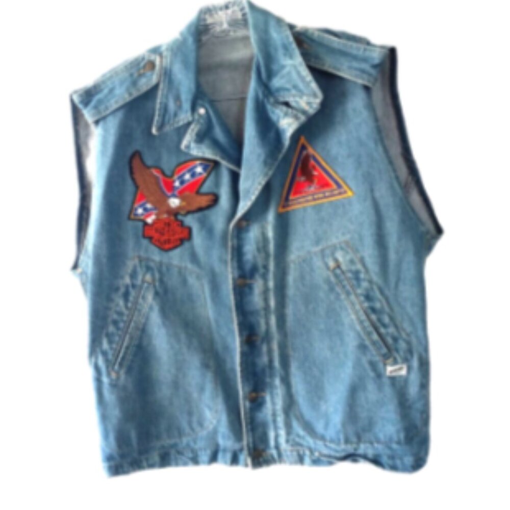 Vintage Guess Georges Marciano Denim Vest L Biker Motorcycle Patches USA Eagle